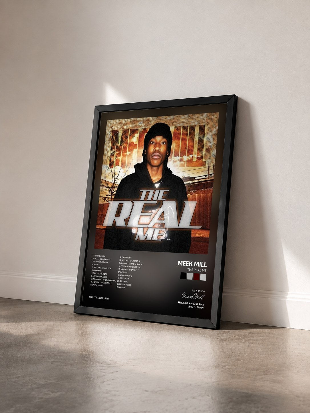 #noir Tableau de l'album The Real Me de Meek Mill vu de trois quarts, cadre noir
