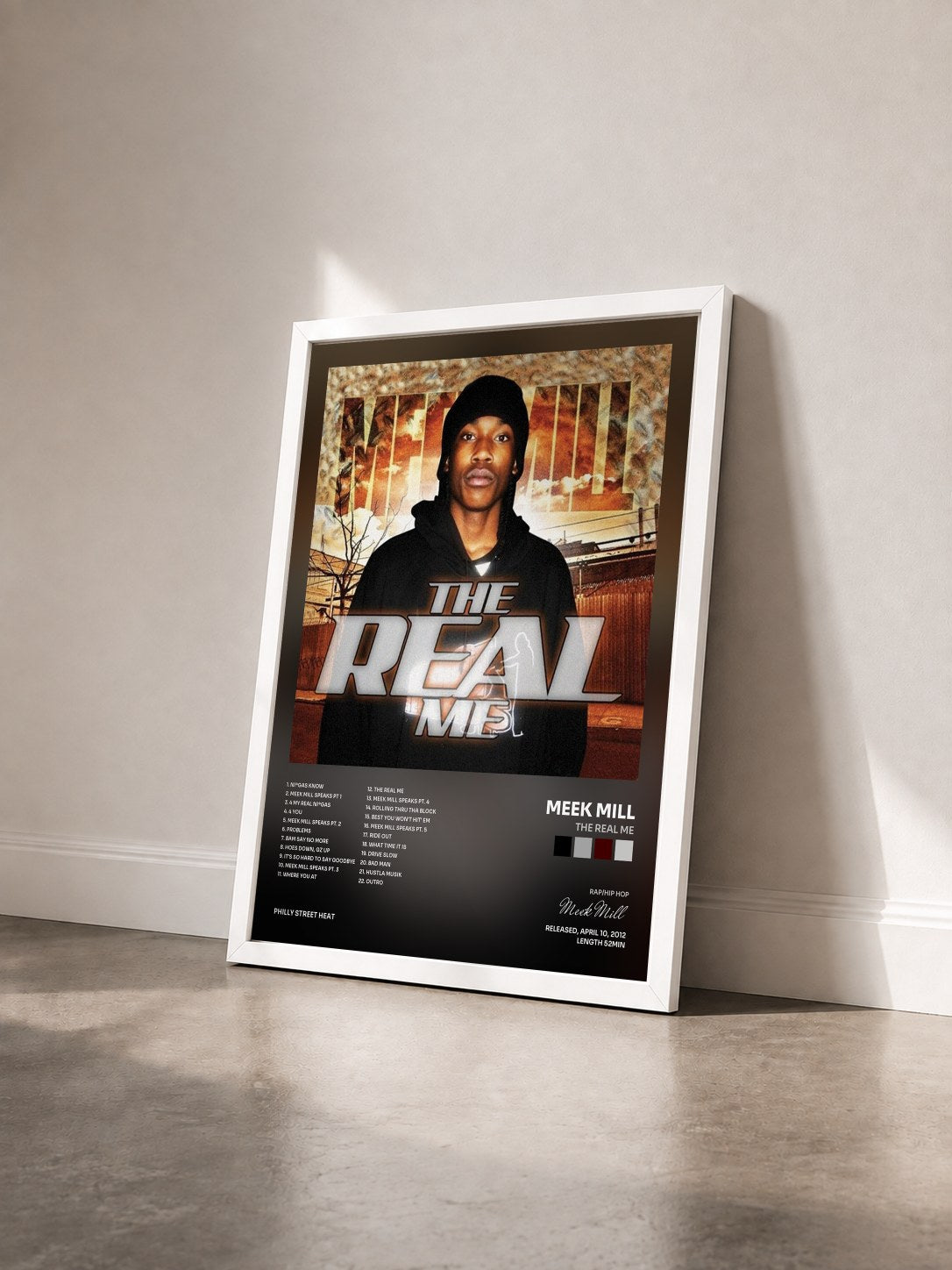 #blanc Tableau de l'album The Real Me de Meek Mill vu de trois quarts, cadre blanc