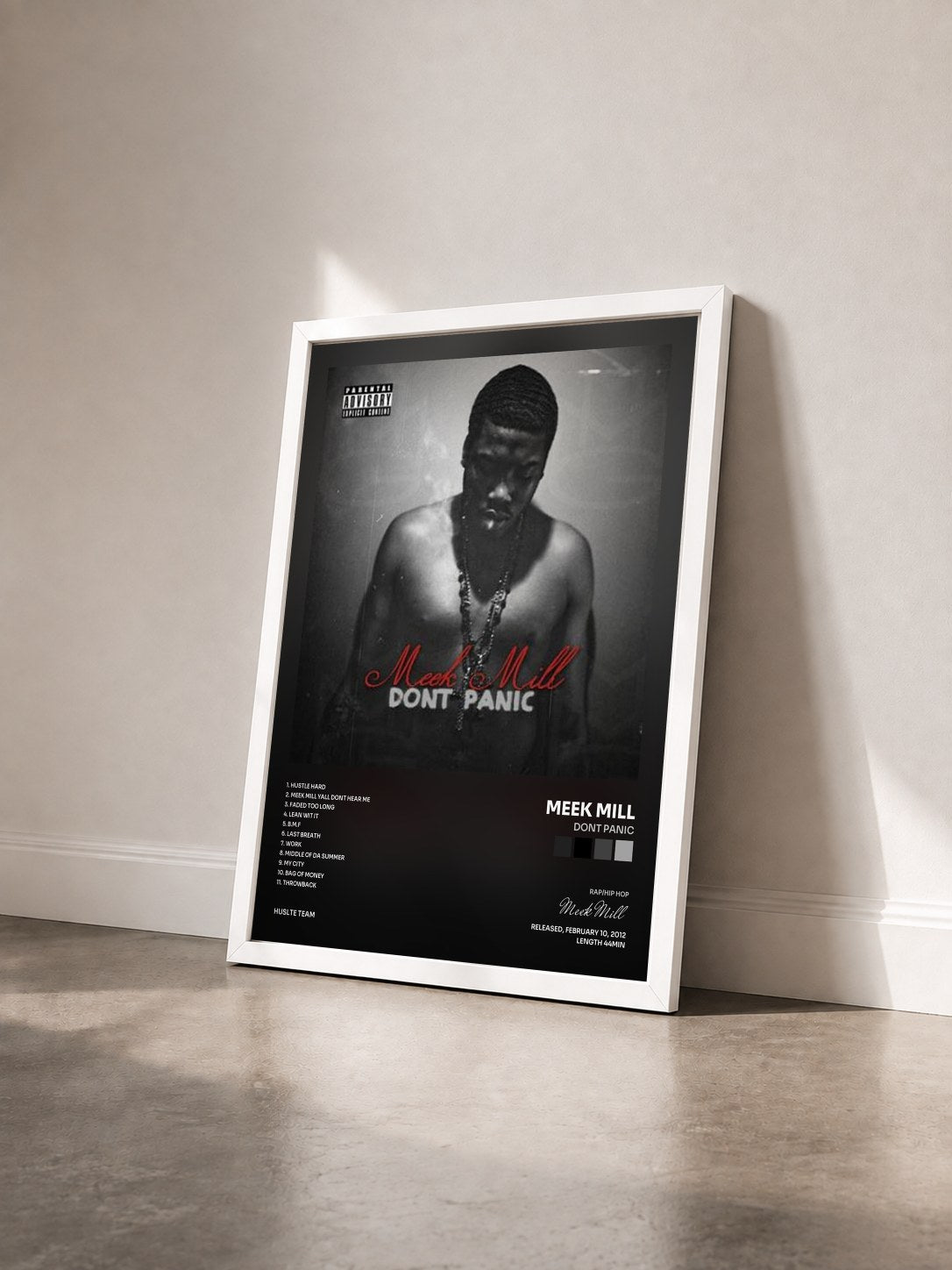 #blanc Dont Panic di Meek Mill in stampa incorniciata vista di tre quarti, cornice bianca