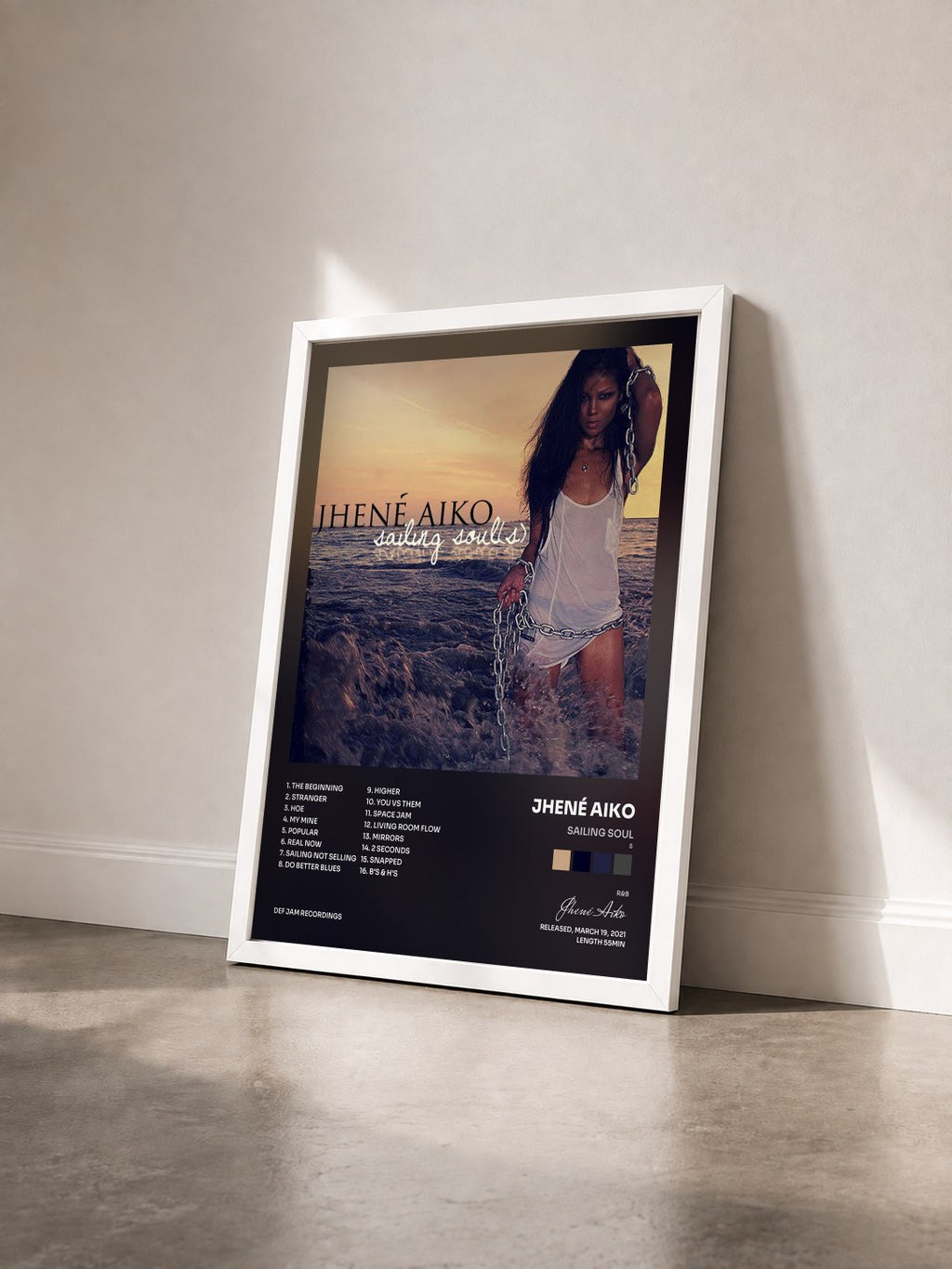 #blanc Sailing Soul(s) de Jhené Aiko en lámina enmarcada vista de tres cuartos, marco blanco