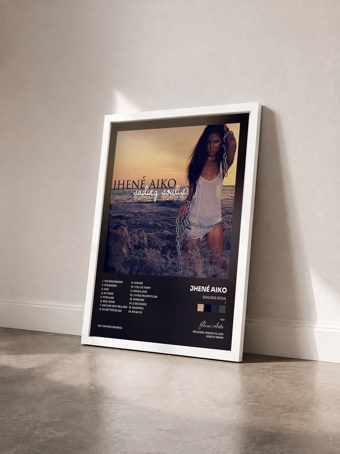 #blanc Sailing Soul(s) de Jhené Aiko en lámina enmarcada vista de tres cuartos, marco blanco
