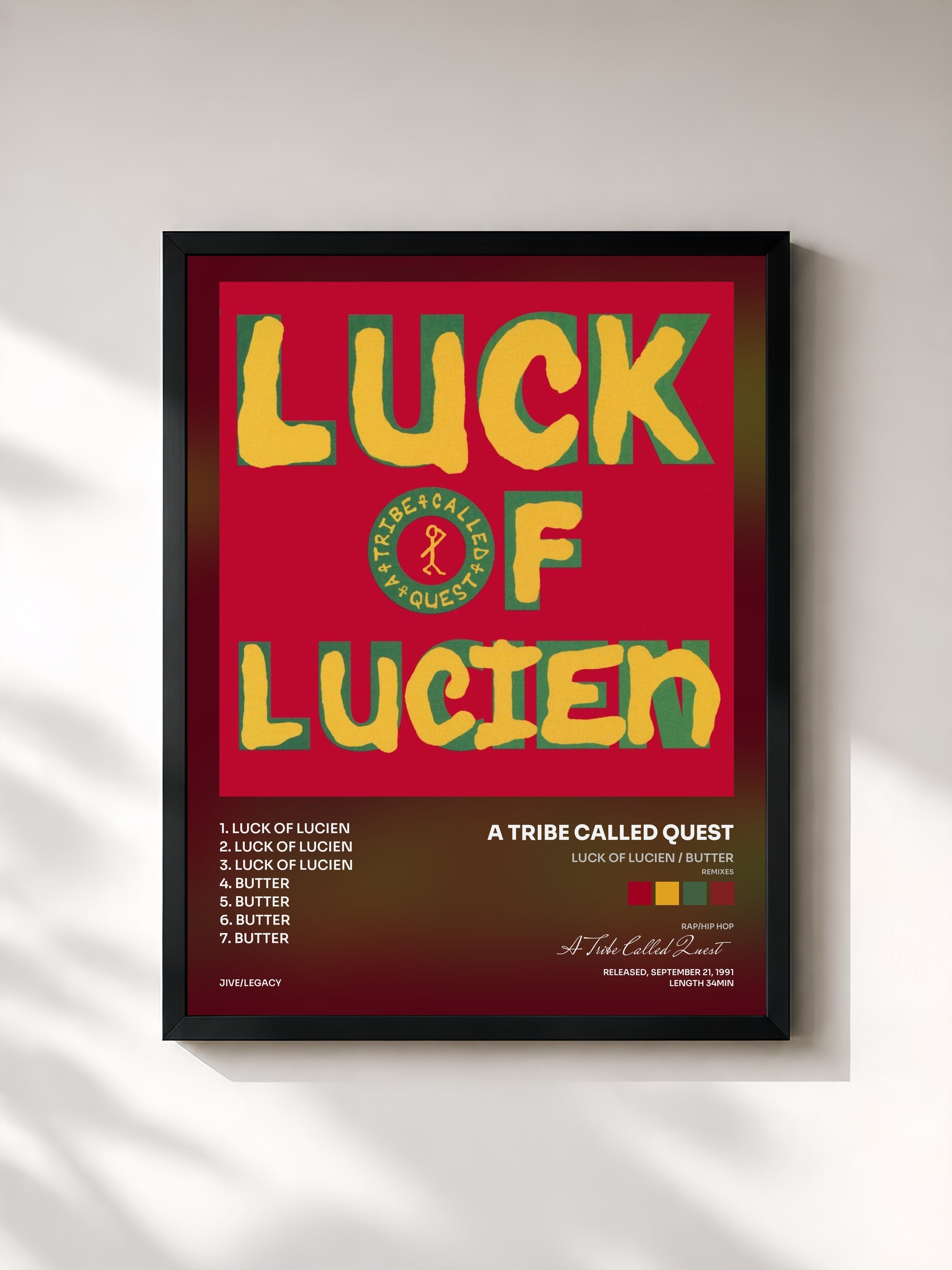 #noir Tableau de l'album Luck of Lucien / Butter (Remixes) de A Tribe Called Quest, cadre noir, imprimé et encadré en France