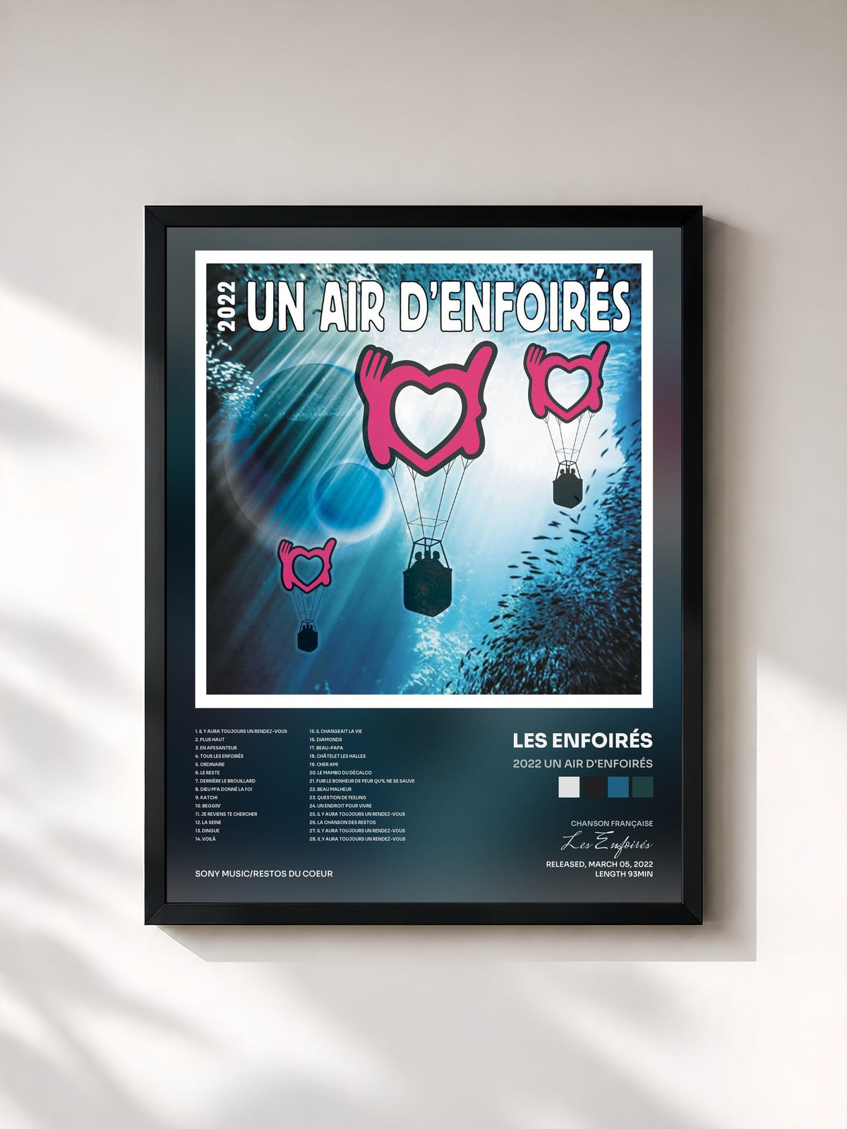 #noir Tableau de l'album 2022 Un air d'Enfoirés de Les Enfoirés, cadre noir, imprimé et encadré en France