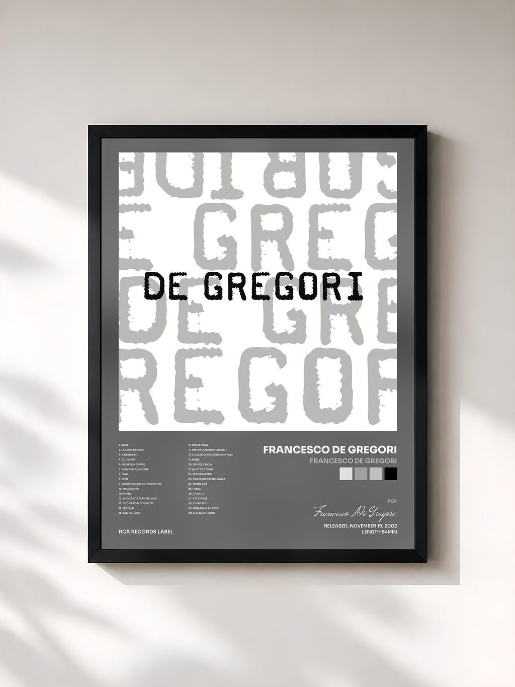 #noir Tableau de l'album Francesco De Gregori de Francesco De Gregori, cadre noir, imprimé et encadré en France