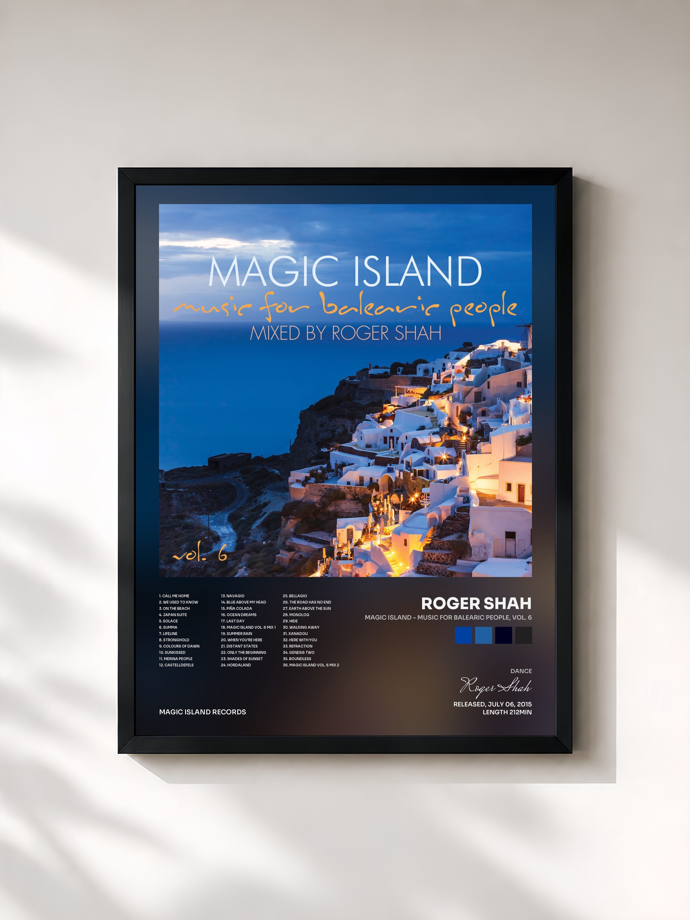 #noir Tableau de l'album Magic Island - Music for Balearic People, Vol. 6 de Roger Shah, cadre noir, imprimé et encadré en France