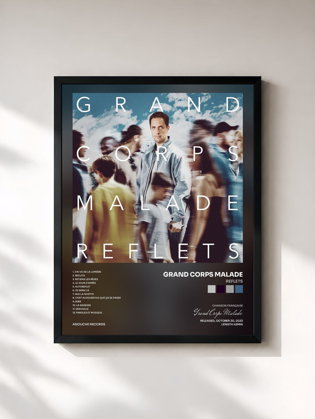 #noir Tableau de l'album REFLETS de Grand Corps Malade, cadre noir, imprimé et encadré en France
