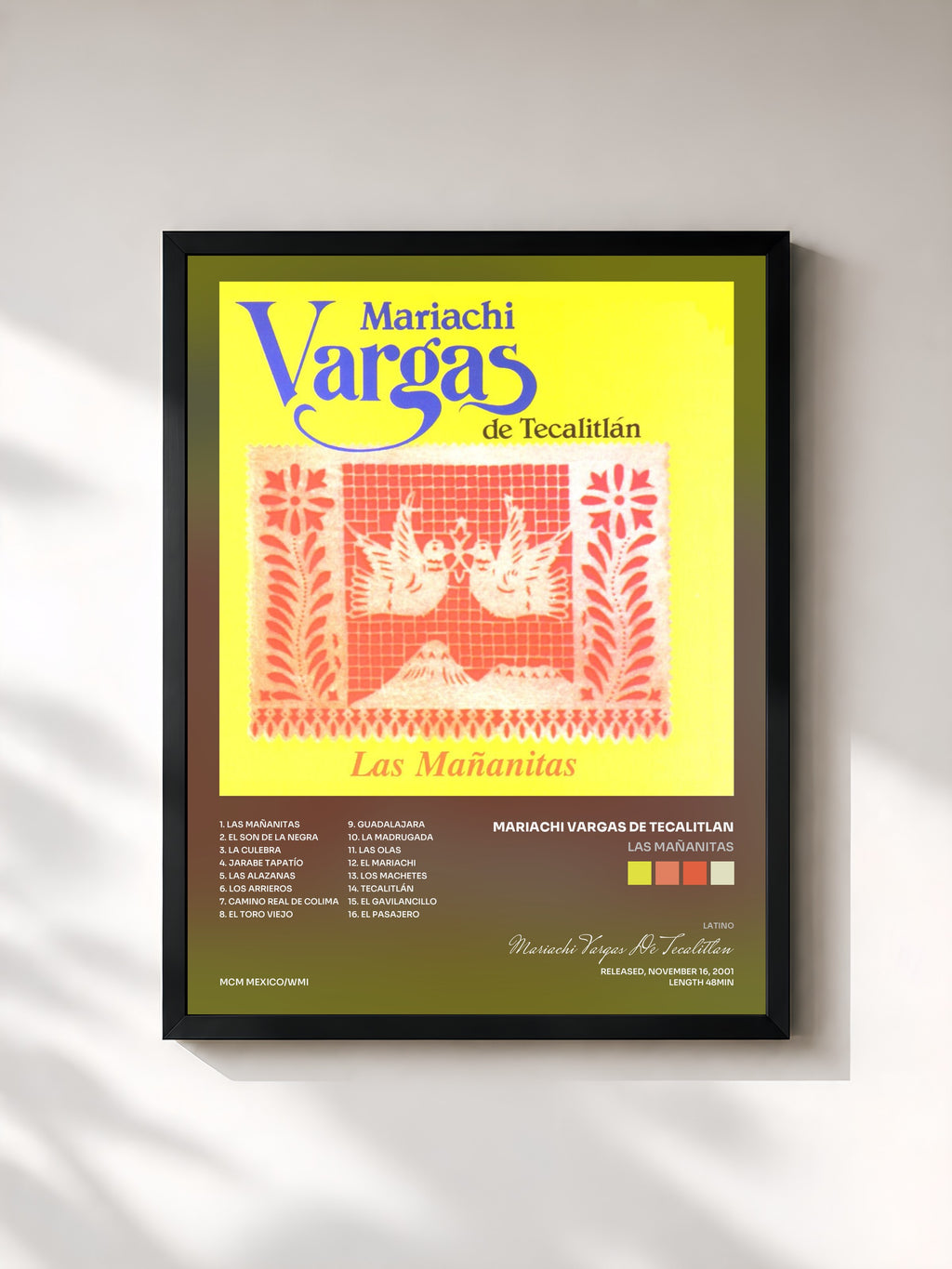 #noir Tableau de l'album Las Mañanitas de Mariachi Vargas De Tecalitlan, cadre noir, imprimé et encadré en France