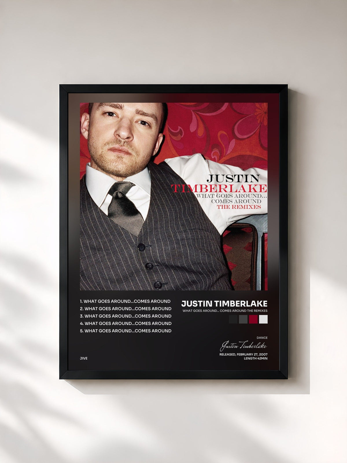 #noir Tableau de l'album What Goes Around... Comes Around The Remixes de Justin Timberlake, cadre noir, imprimé et encadré en France