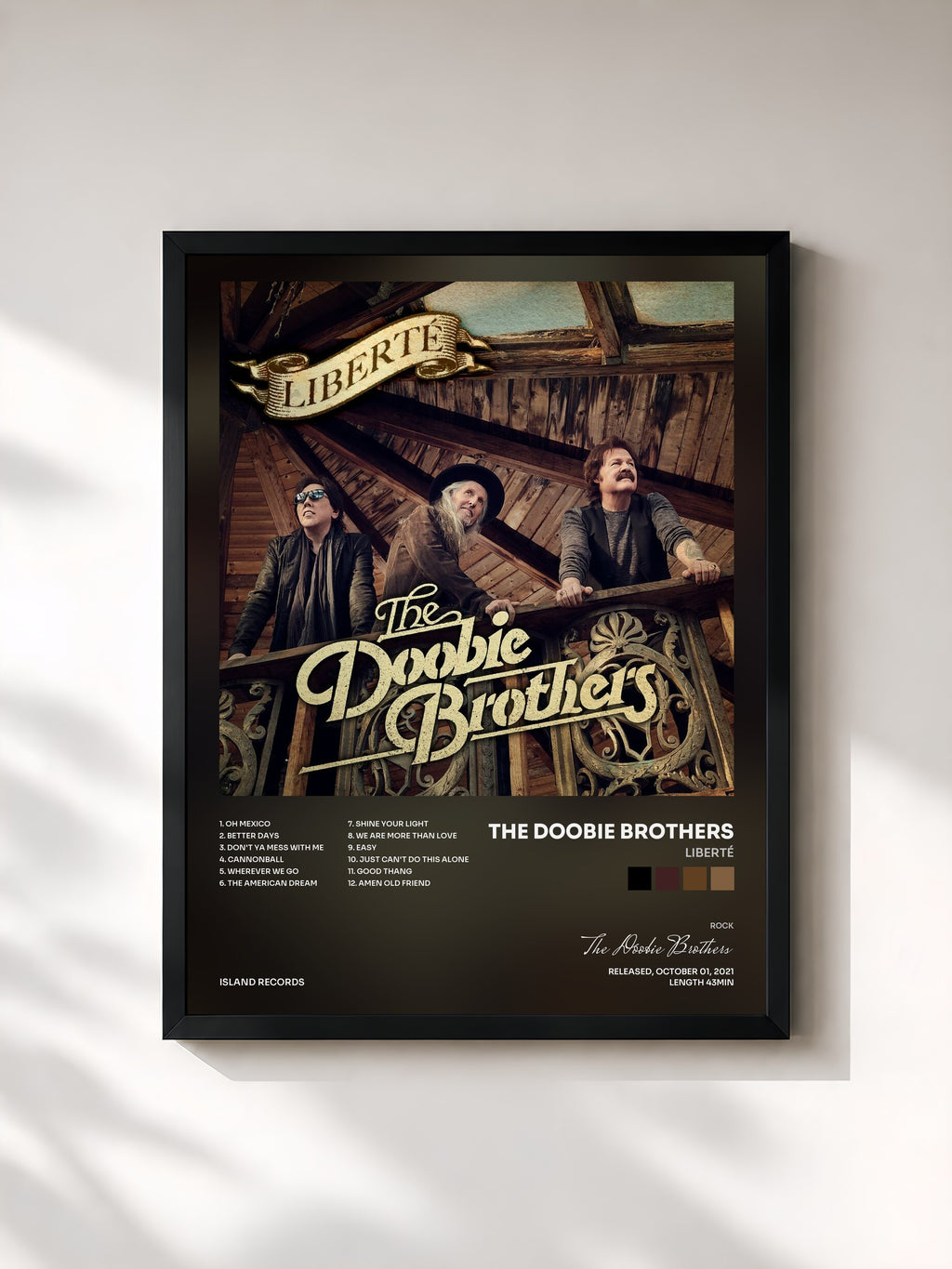 #noir Tableau de l'album Liberté de The Doobie Brothers, cadre noir, imprimé et encadré en France