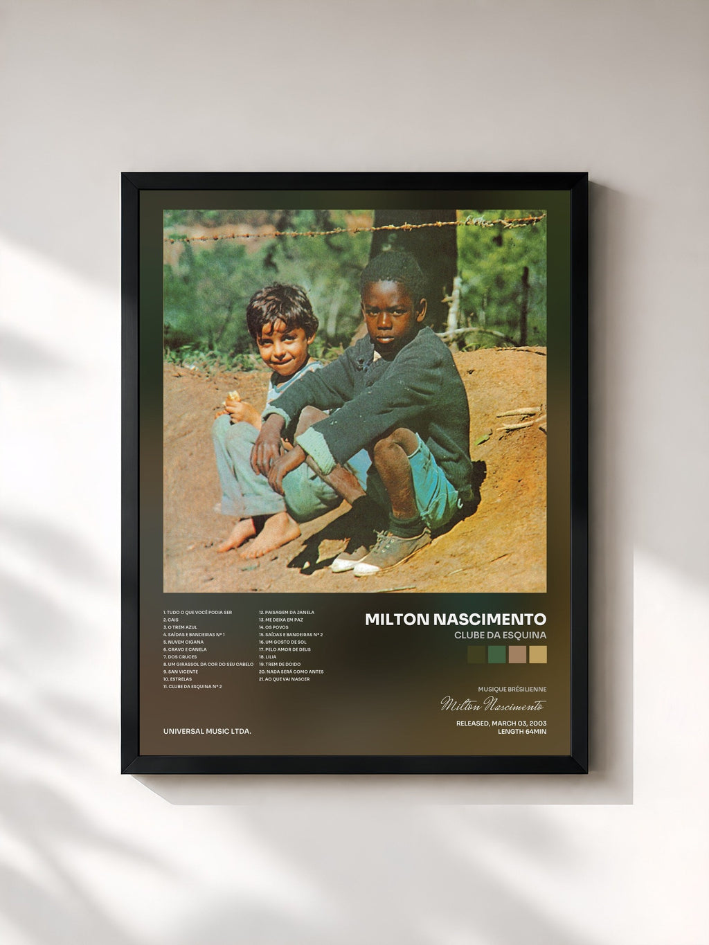 #noir Tableau de l'album Clube Da Esquina de Milton Nascimento, cadre noir, imprimé et encadré en France