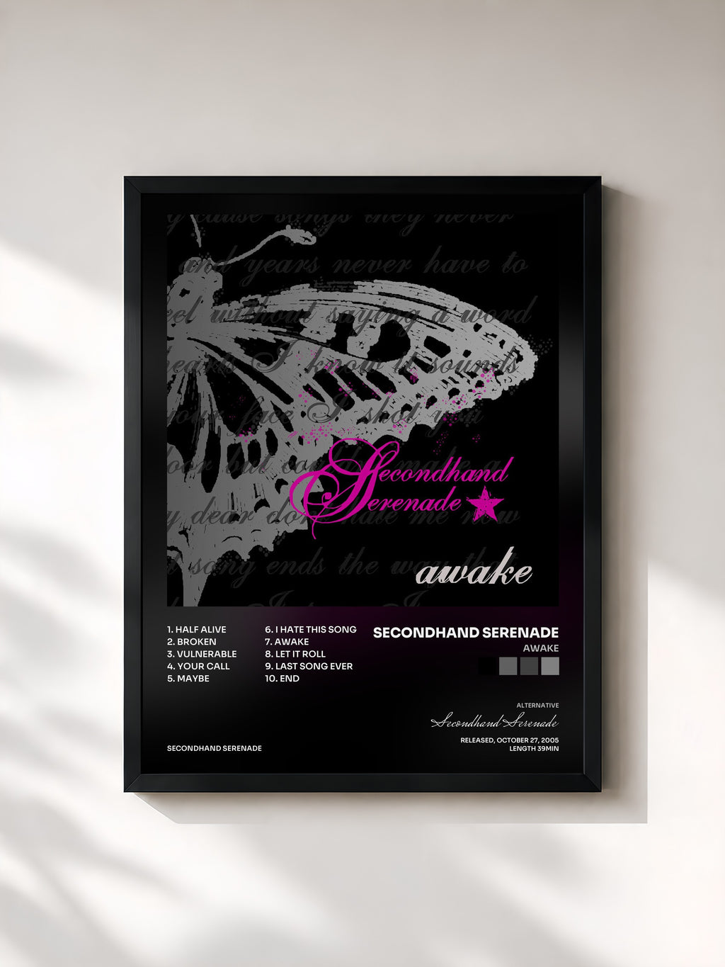 #noir Tableau de l'album Awake de Secondhand Serenade, cadre noir, imprimé et encadré en France
