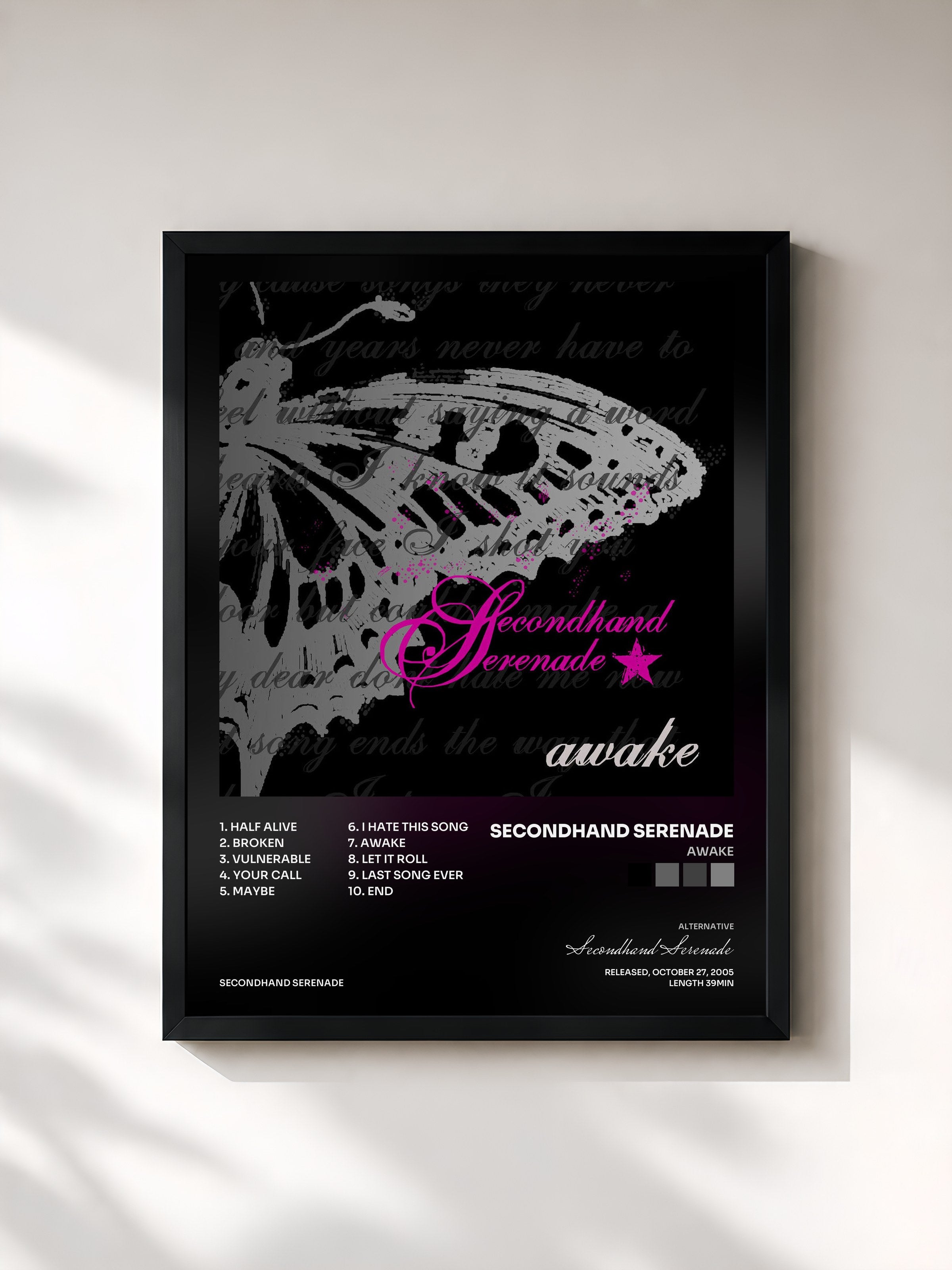 #noir Tableau de l'album Awake de Secondhand Serenade, cadre noir, imprimé et encadré en France