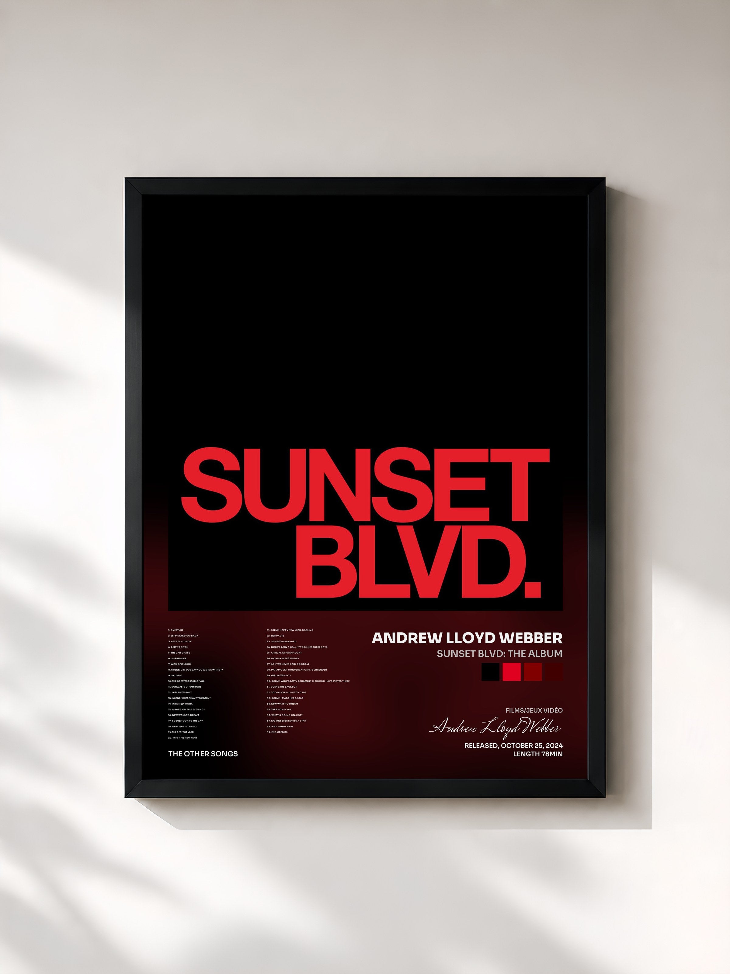 #noir Tableau de l'album SUNSET BLVD: The Album de Andrew Lloyd Webber, cadre noir, imprimé et encadré en France