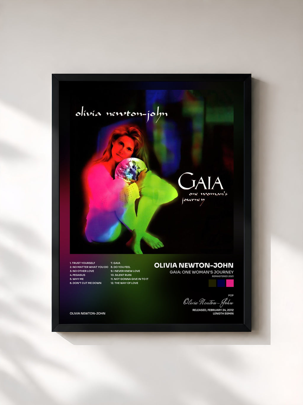 #noir Tableau de l'album Gaia: One Woman's Journey (Remastered 2021) de Olivia Newton-John, cadre noir, imprimé et encadré en France