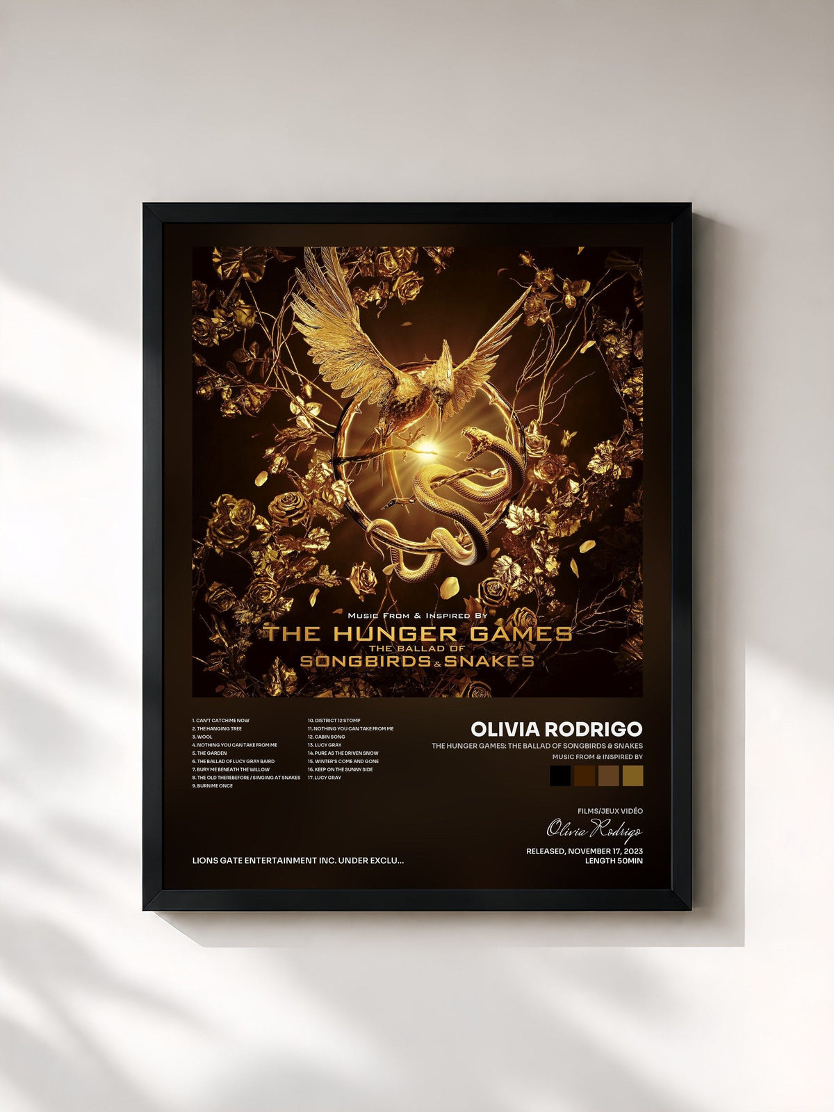 #noir Tableau de l'album The Hunger Games: The Ballad of Songbirds & Snakes (Music From & Inspired By) de Olivia Rodrigo, cadre noir, imprimé et encadré en France
