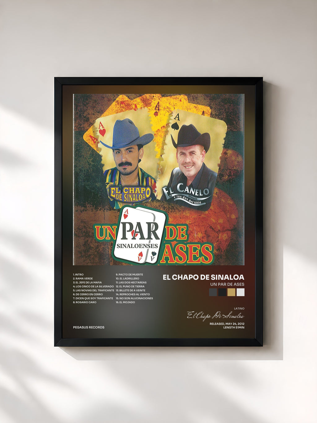 #noir Tableau de l'album Un Par De Ases de El Chapo De Sinaloa, cadre noir, imprimé et encadré en France