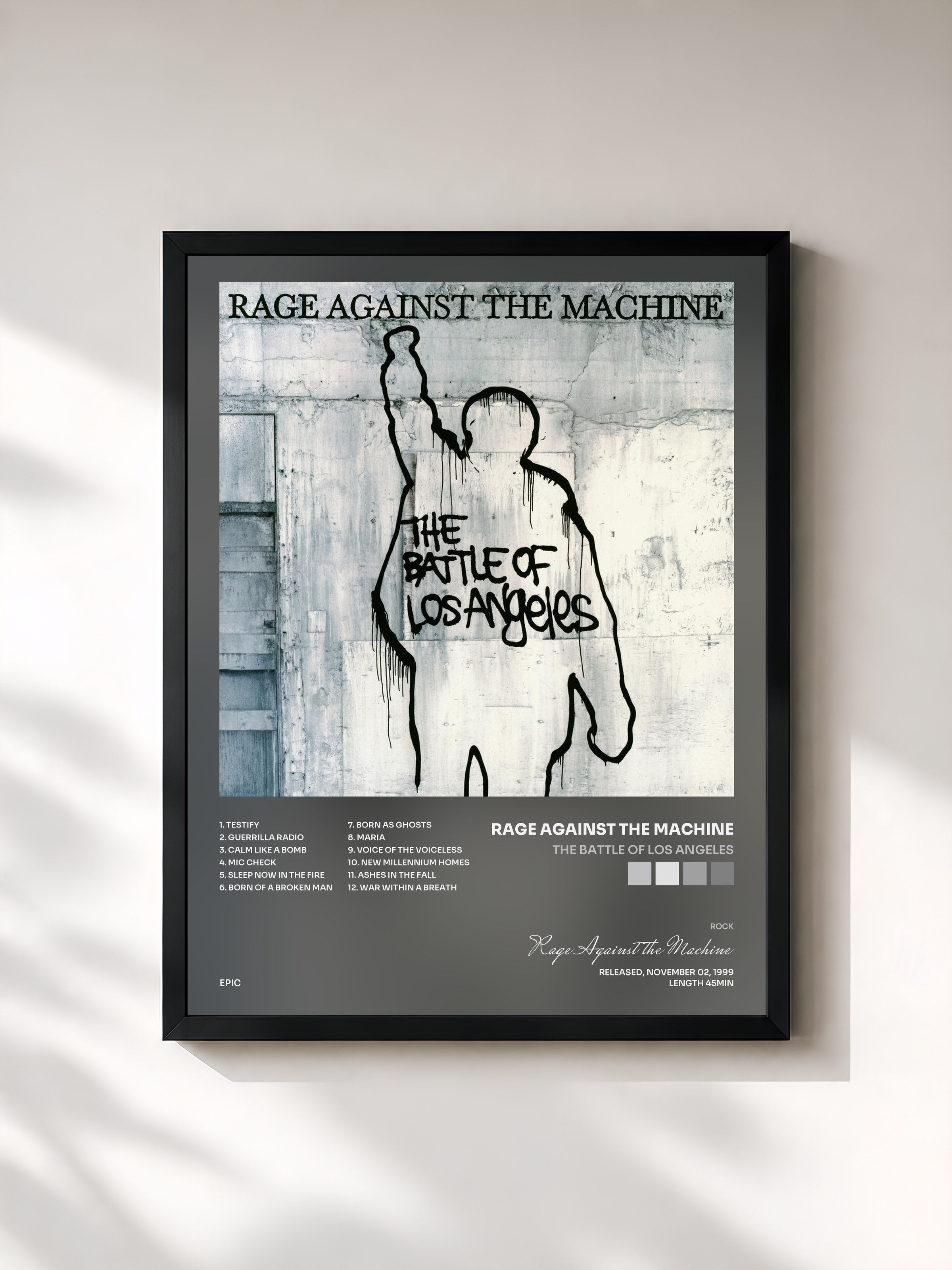 #noir The Battle Of Los Angeles by Rage Against the Machine as a framed art print, black frame, printed and framed in France