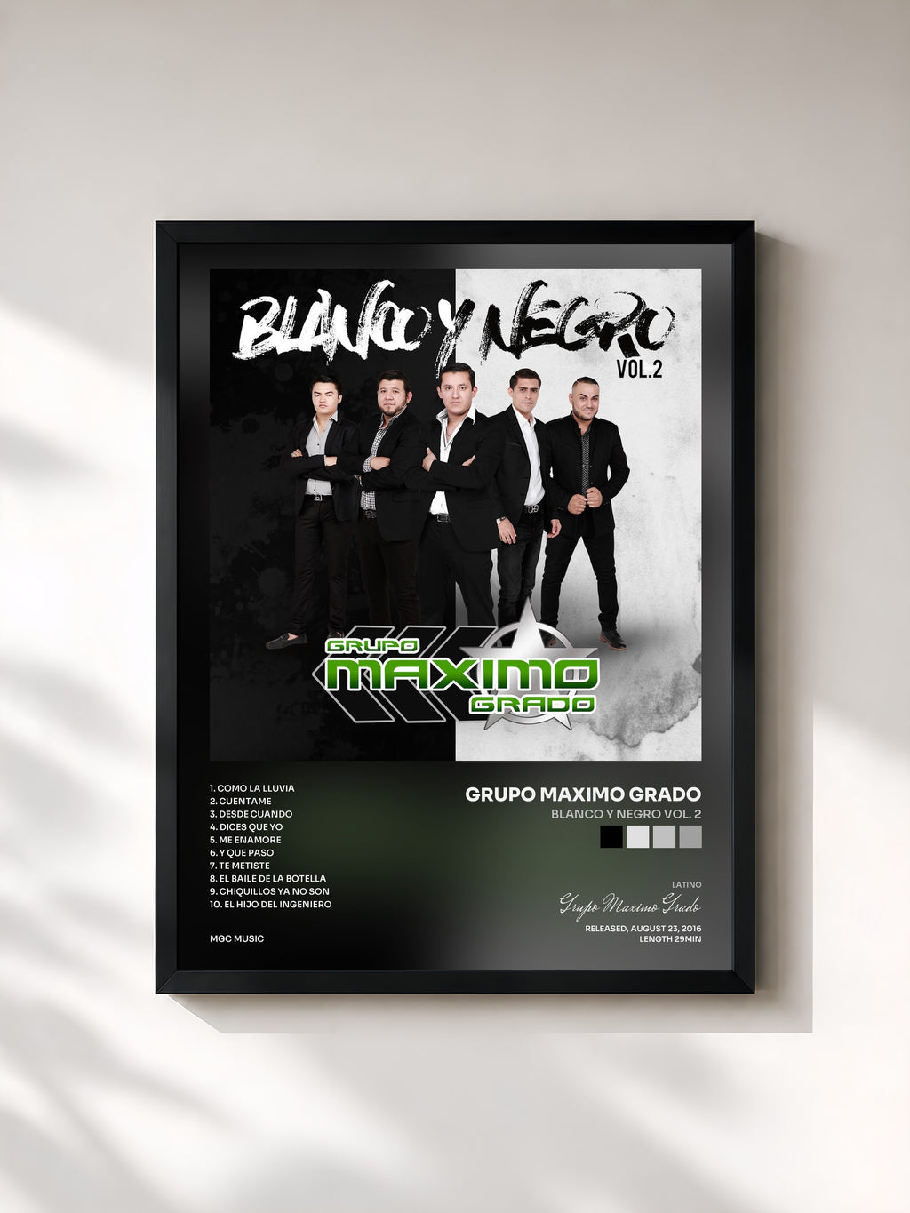 #noir Tableau de l'album Blanco y Negro Vol. 2 de Grupo Maximo Grado, cadre noir, imprimé et encadré en France