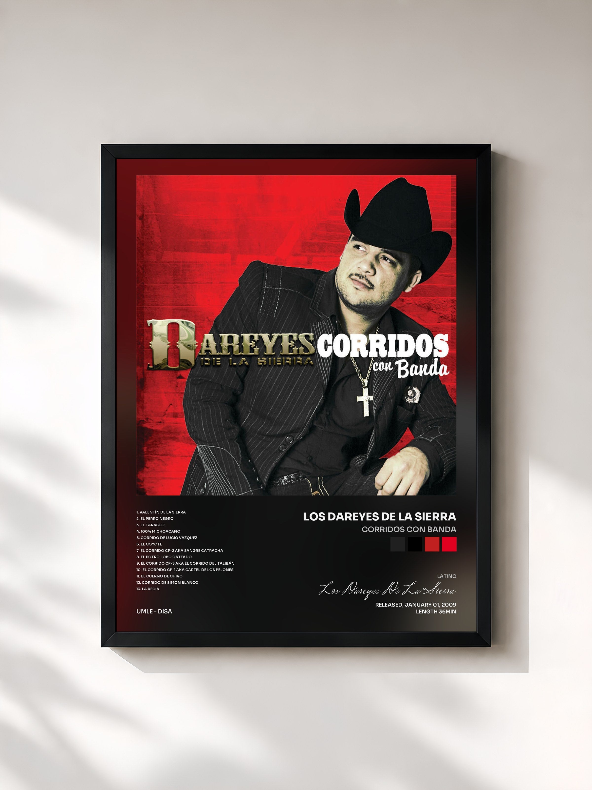 #noir Tableau de l'album Corridos Con Banda de Los Dareyes De La Sierra, cadre noir, imprimé et encadré en France