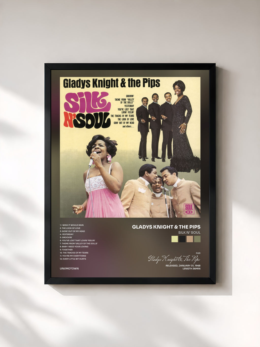 #noir Tableau de l'album Silk N' Soul de Gladys Knight & The Pips, cadre noir, imprimé et encadré en France