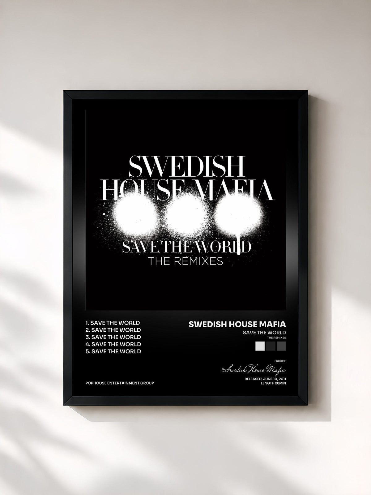 #noir Tableau de l'album Save The World (The Remixes) de Swedish House Mafia, cadre noir, imprimé et encadré en France