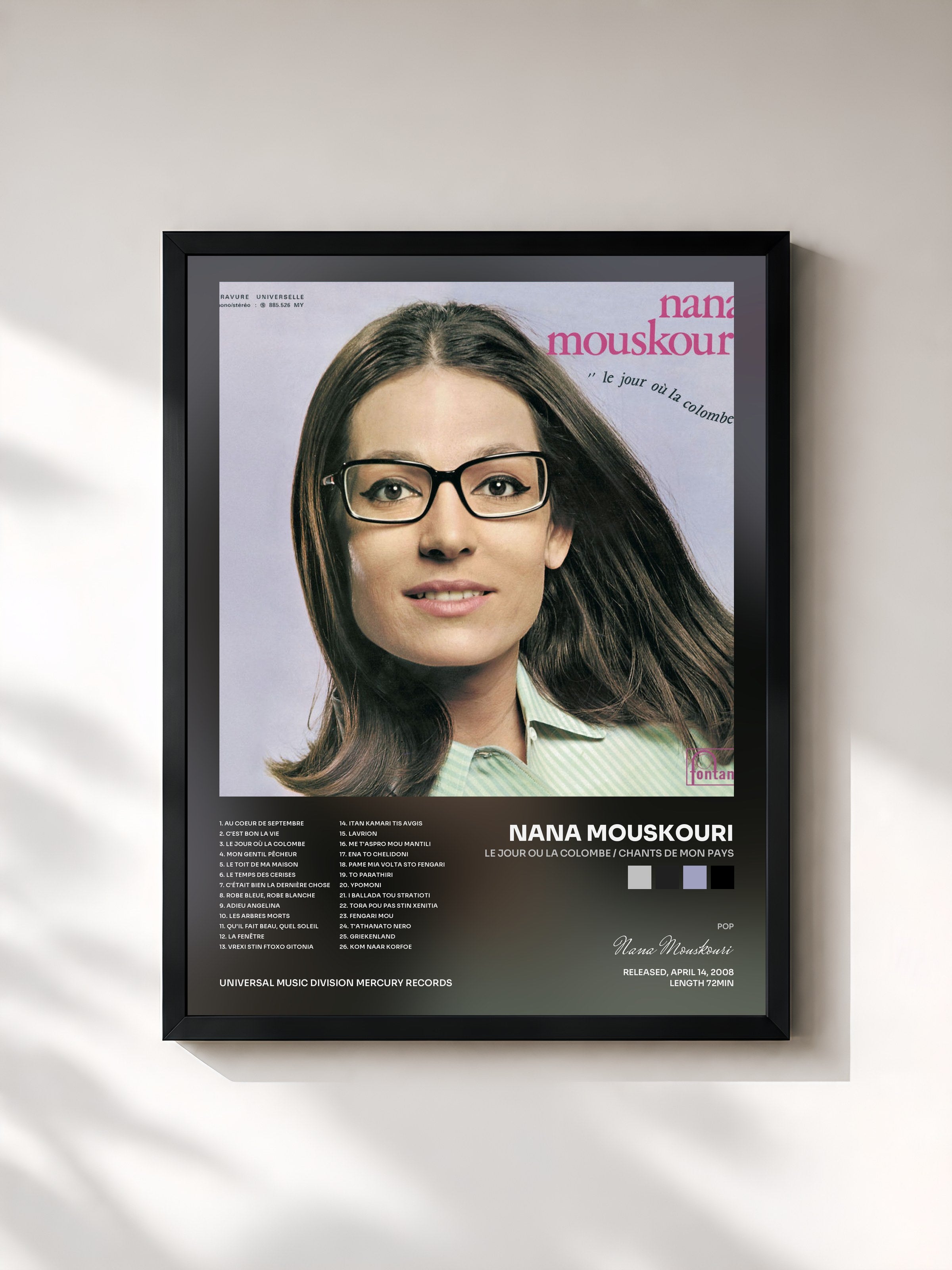 #noir Tableau de l'album Le Jour Ou La Colombe / Chants De Mon Pays de Nana Mouskouri, cadre noir, imprimé et encadré en France