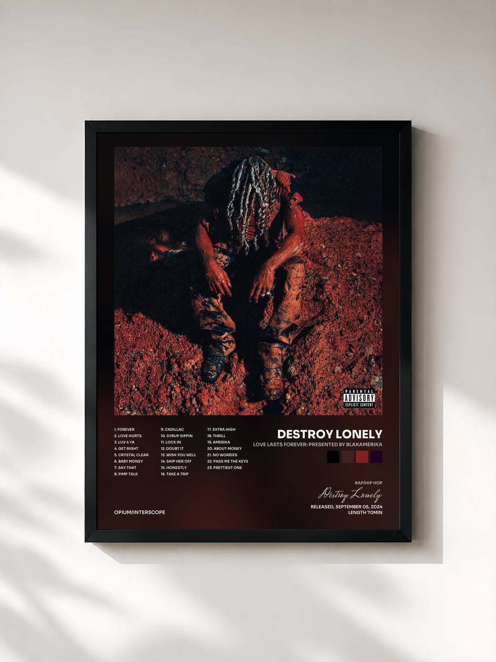 #noir Tableau de l'album LOVE LASTS FOREVER: PRESENTED BY BLAKAMERIKA de Destroy Lonely, cadre noir, imprimé et encadré en France