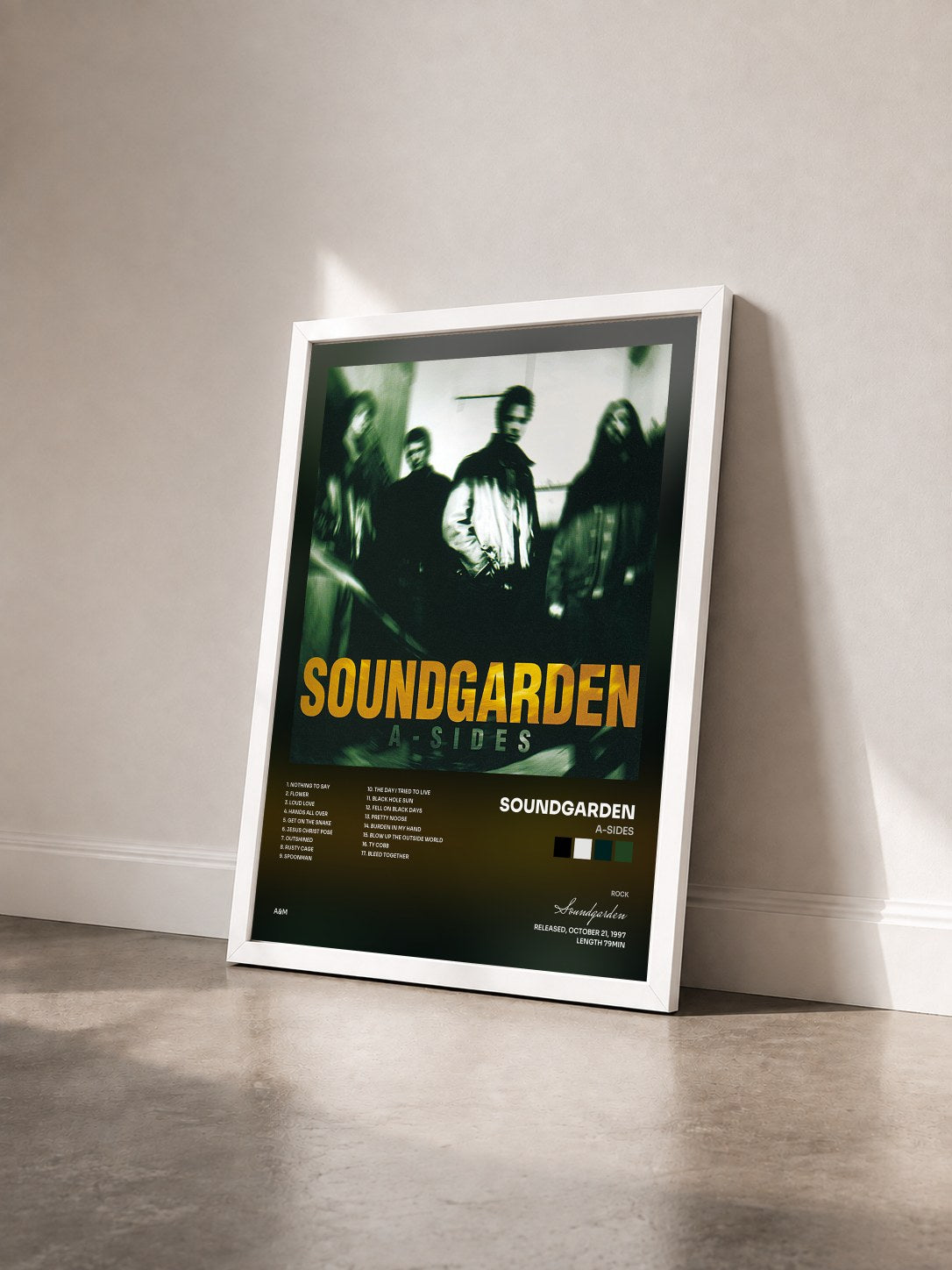 #blanc A-Sides von Soundgarden als gerahmter Kunstdruck von schräg gesehen, weißer Rahmen