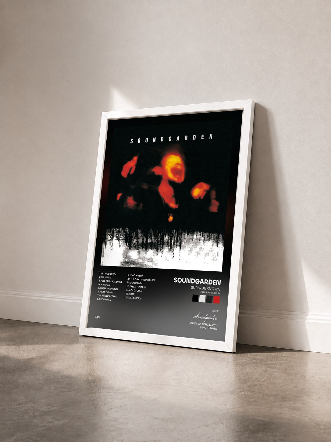 #blanc Superunknown (20th Anniversary) di Soundgarden in stampa incorniciata vista di tre quarti, cornice bianca