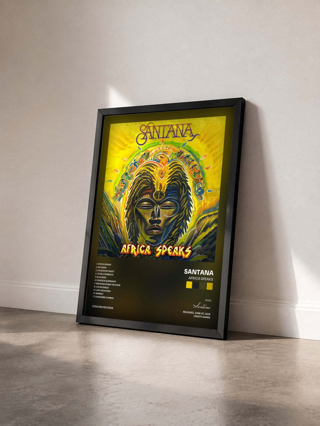 #noir Tableau de l'album Africa Speaks de Santana vu de trois quarts, cadre noir