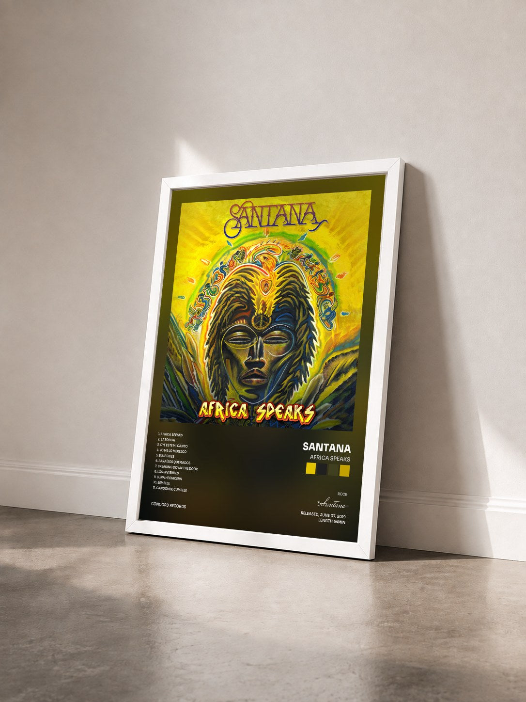 #blanc Tableau de l'album Africa Speaks de Santana vu de trois quarts, cadre blanc