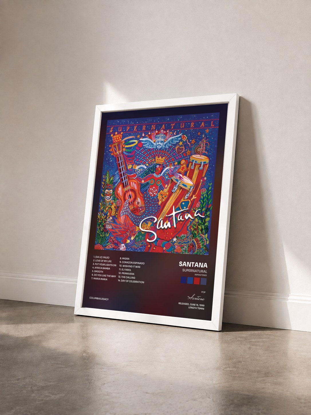 #blanc Tableau de l'album Supernatural (Remastered) de Santana vu de trois quarts, cadre blanc