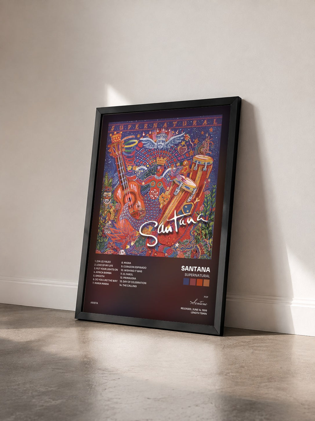 #noir Tableau de l'album Supernatural de Santana vu de trois quarts, cadre noir
