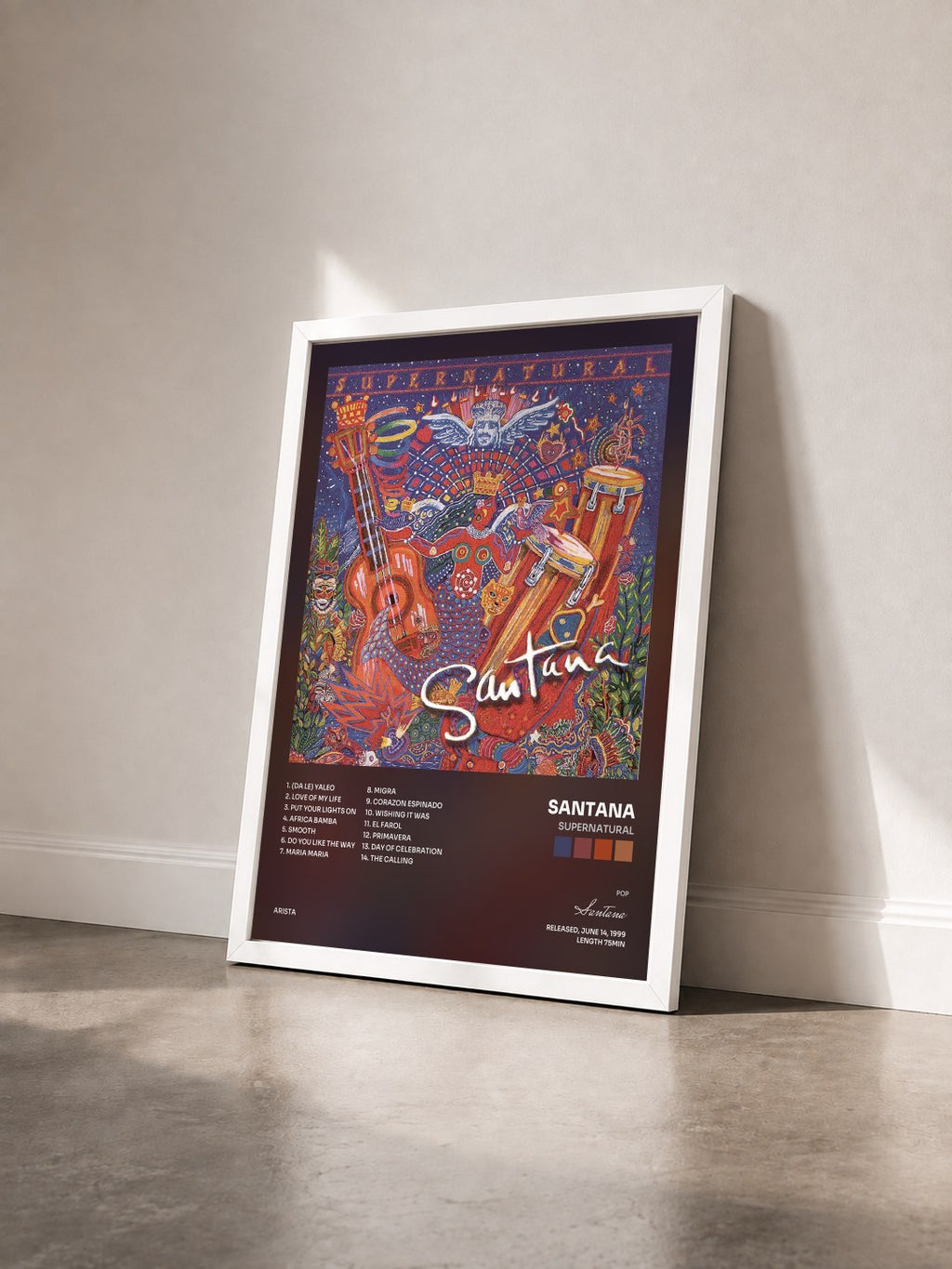 #blanc Tableau de l'album Supernatural de Santana vu de trois quarts, cadre blanc