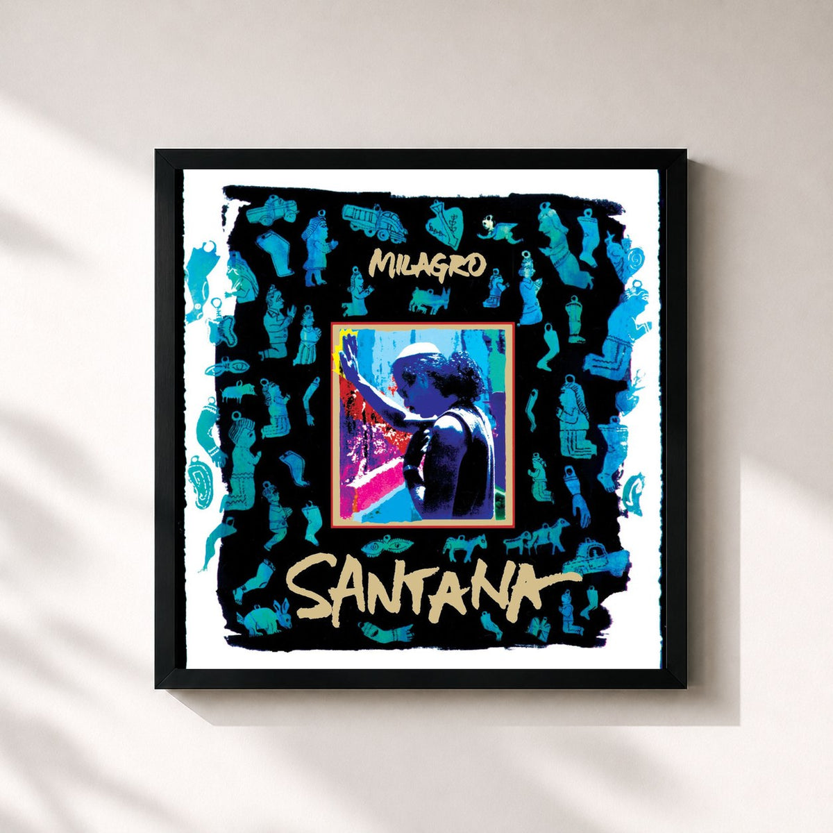 #noir Tableau carré de l'album Milagro de Santana, cadre noir 32x32 cm