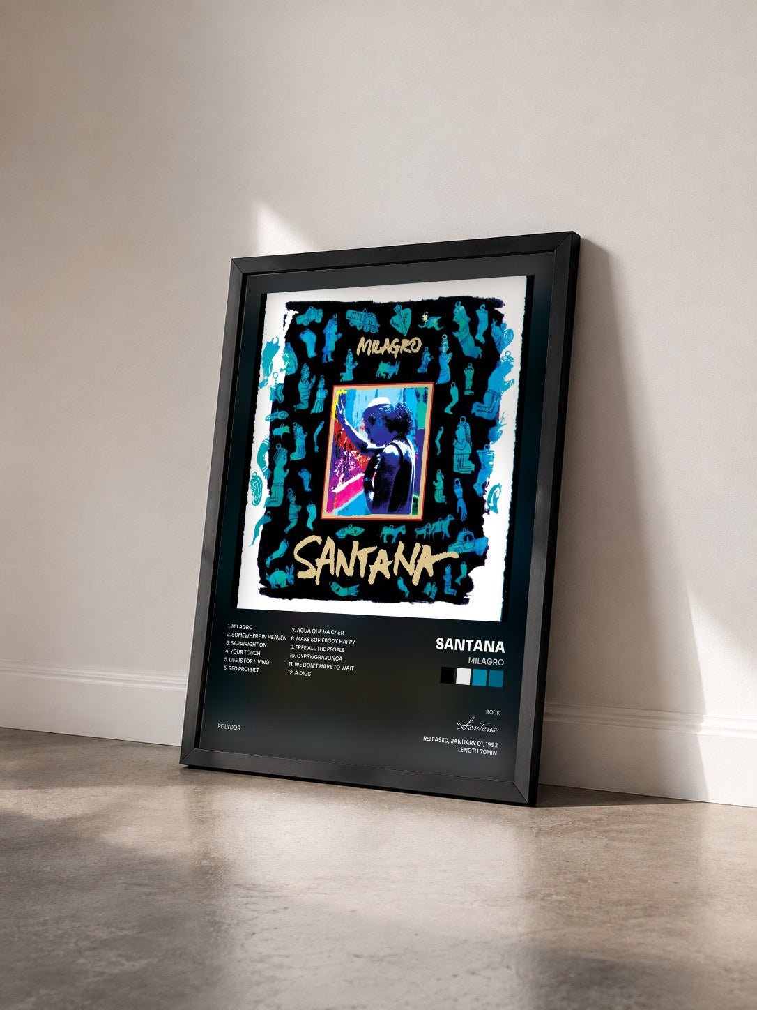 #noir Tableau de l'album Milagro de Santana vu de trois quarts, cadre noir