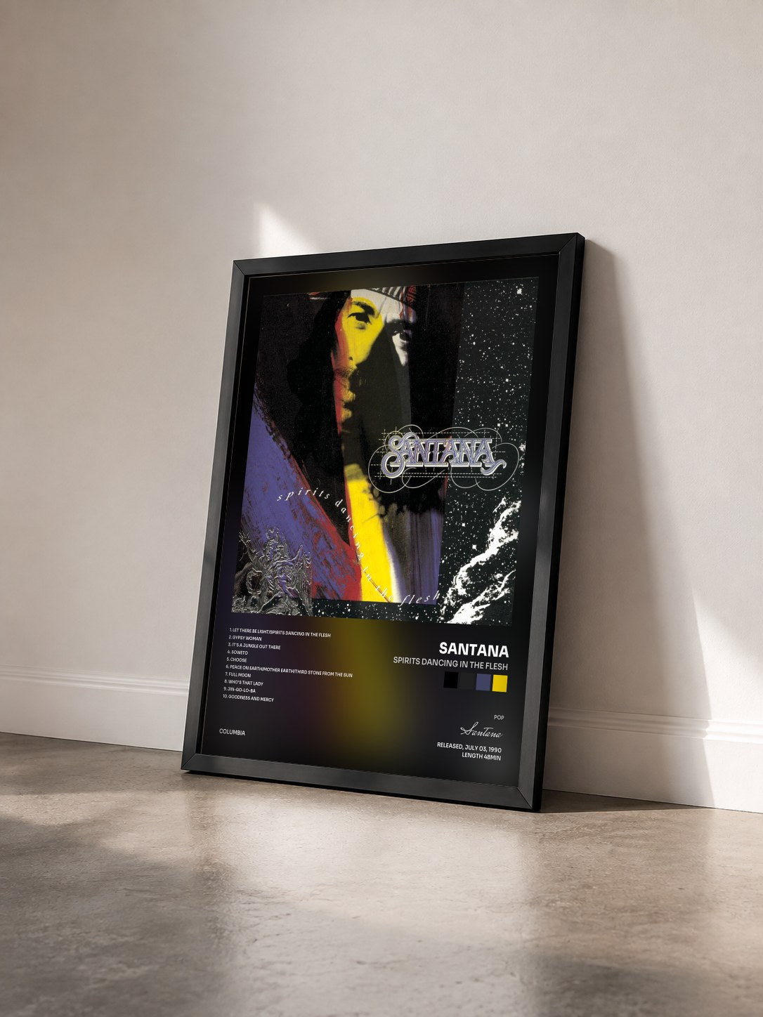 #noir Tableau de l'album Spirits Dancing In The Flesh de Santana vu de trois quarts, cadre noir
