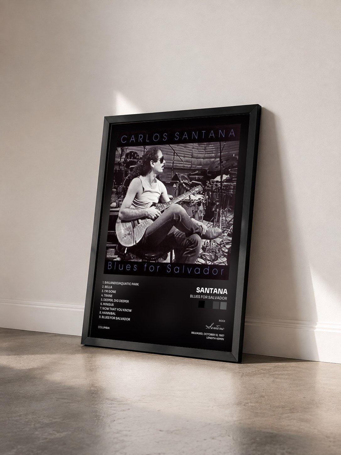 #noir Tableau de l'album Blues For Salvador de Santana vu de trois quarts, cadre noir