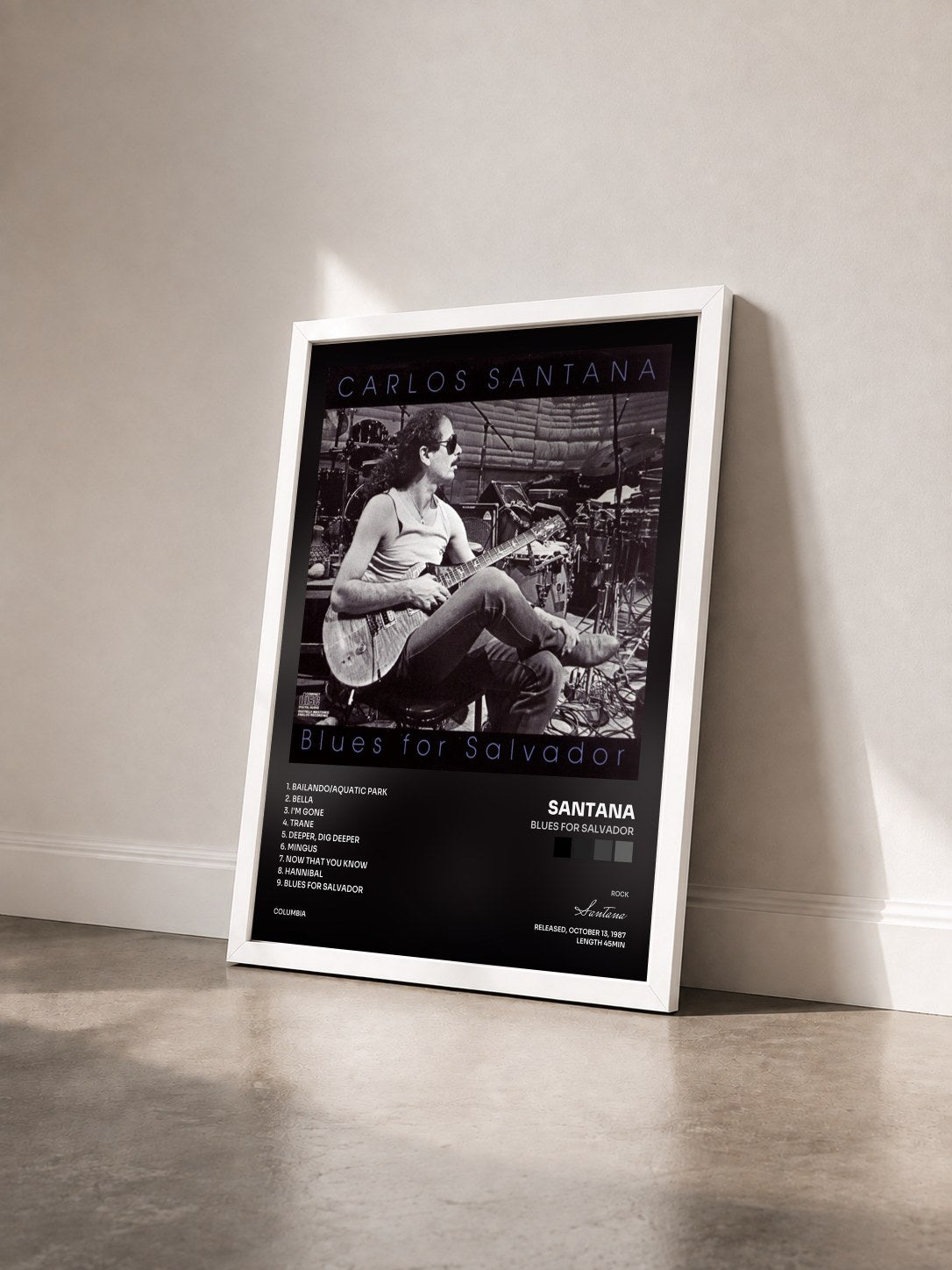#blanc Tableau de l'album Blues For Salvador de Santana vu de trois quarts, cadre blanc
