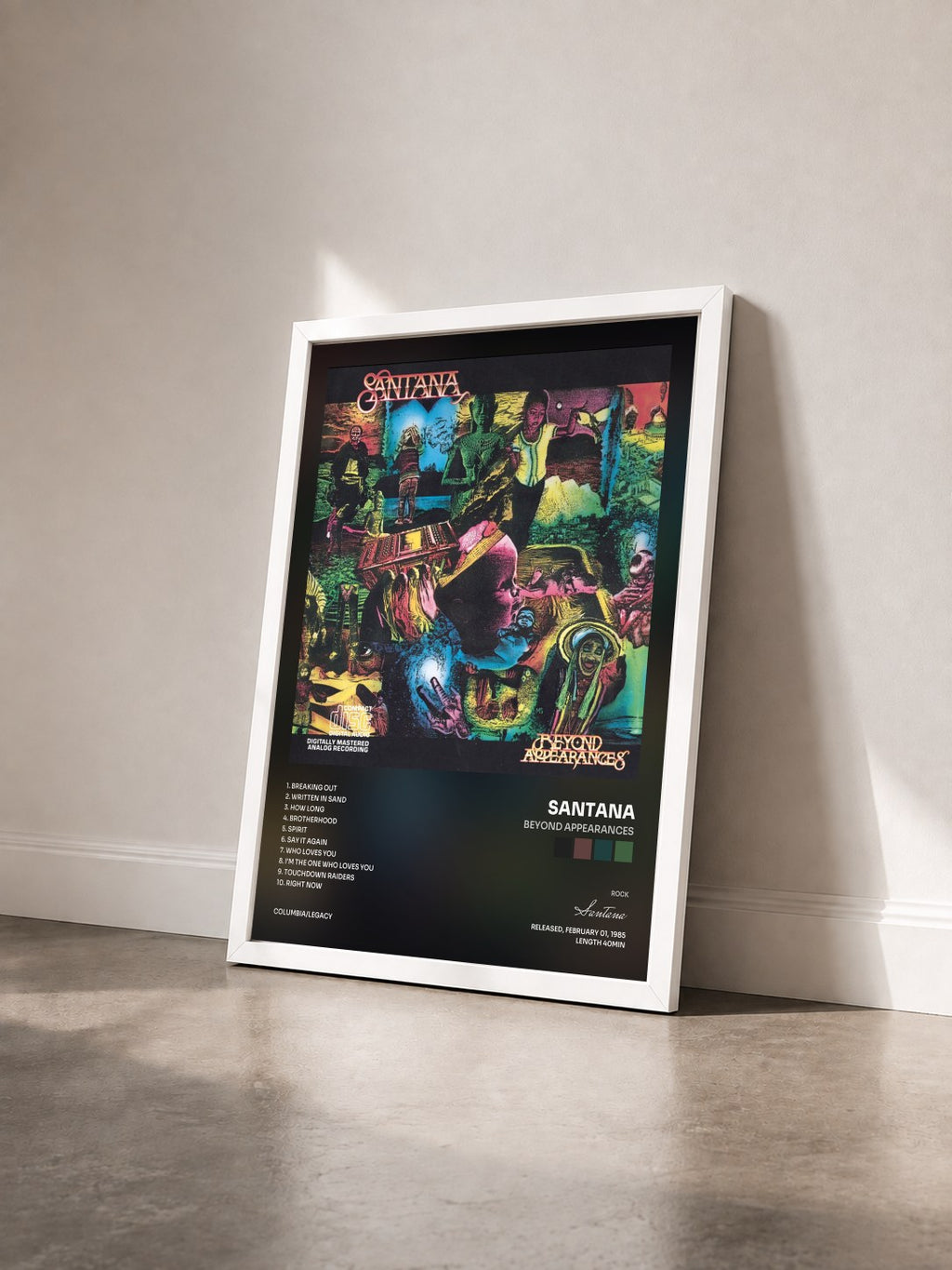#blanc Beyond Appearances by Santana as a framed art print seen at an angle, white frame