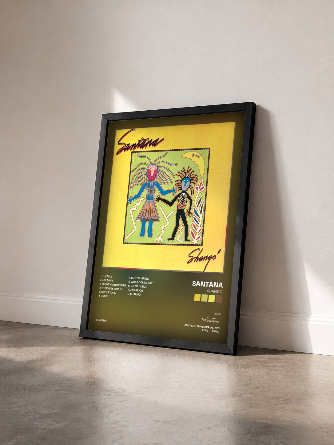 #noir Shango by Santana as a framed art print seen at an angle, black frame