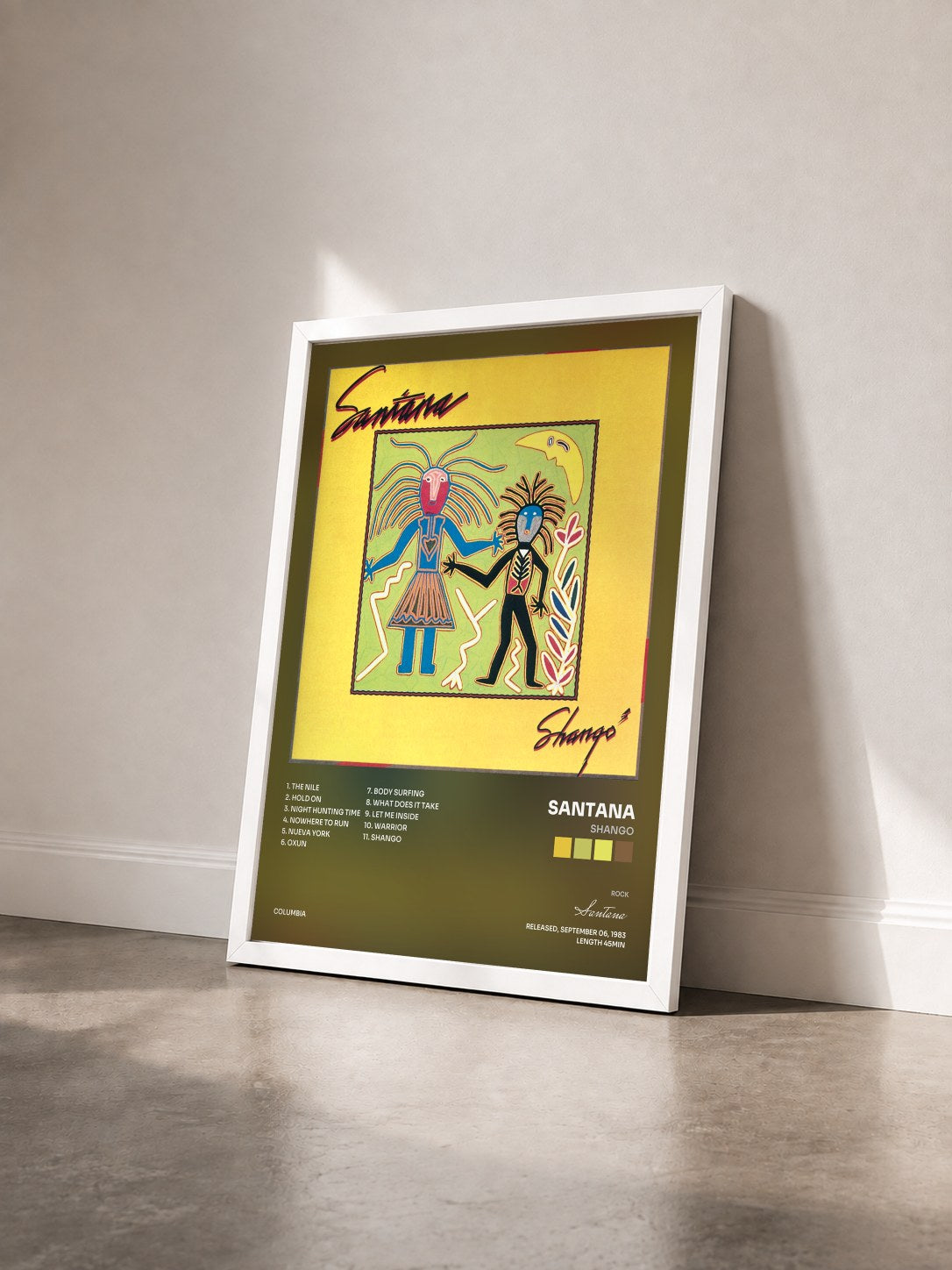 #blanc Shango by Santana as a framed art print seen at an angle, white frame