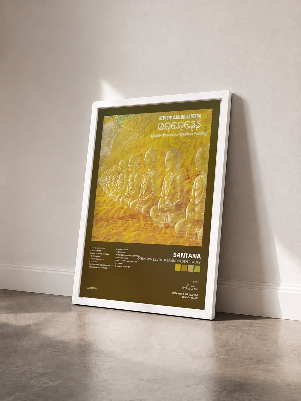 #blanc Oneness- Silver Dreams Golden Reality by Santana as a framed art print seen at an angle, white frame
