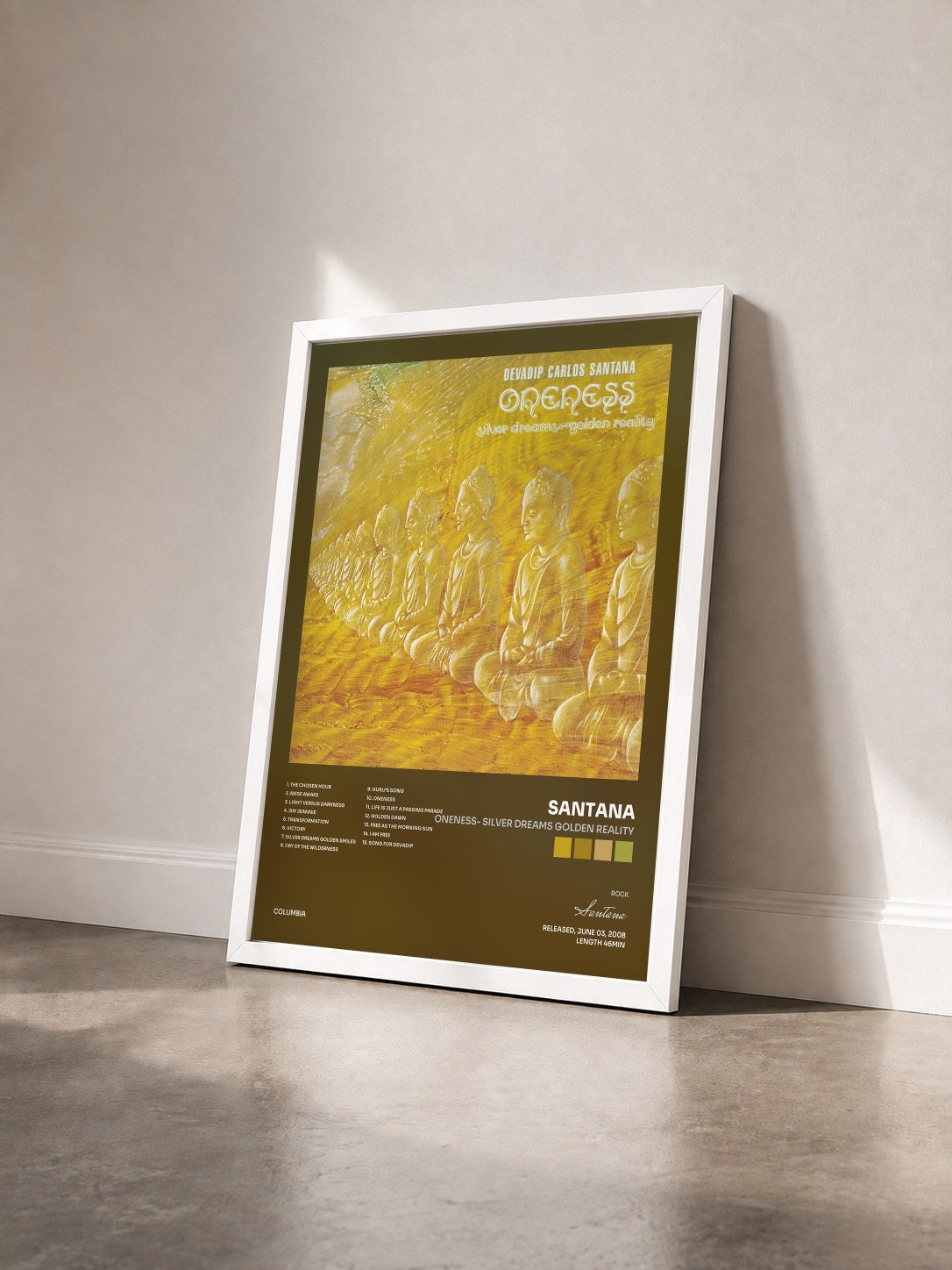 #blanc Tableau de l'album Oneness- Silver Dreams Golden Reality de Santana vu de trois quarts, cadre blanc