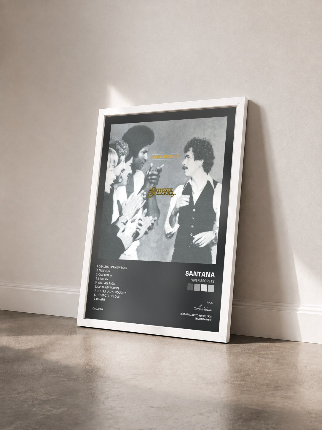 #blanc Inner Secrets by Santana as a framed art print seen at an angle, white frame