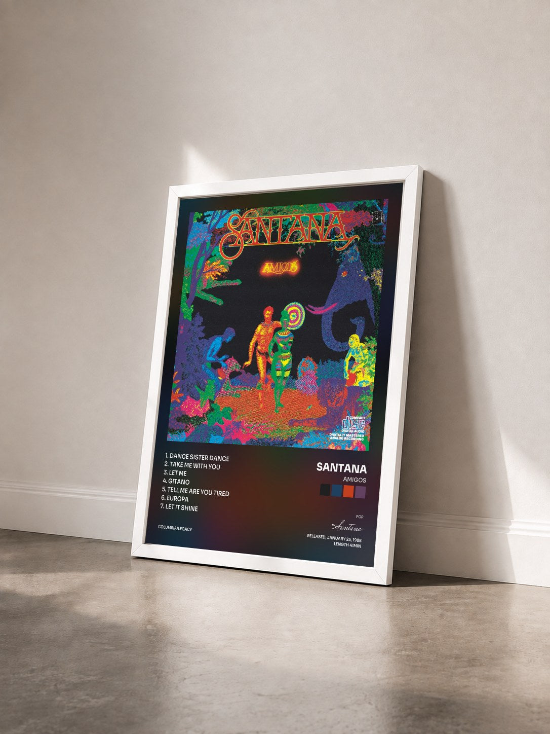 #blanc Tableau de l'album Amigos de Santana vu de trois quarts, cadre blanc