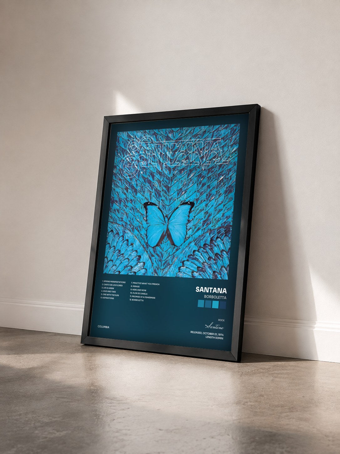 #noir Borboletta by Santana as a framed art print seen at an angle, black frame