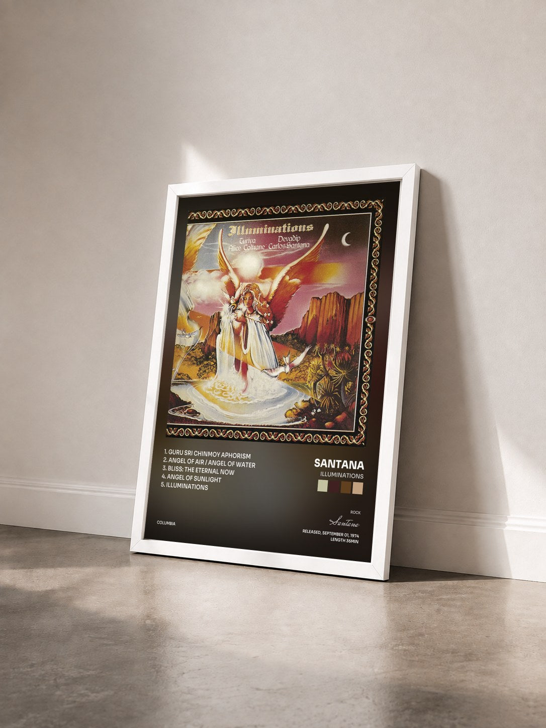#blanc Illuminations by Santana as a framed art print seen at an angle, white frame