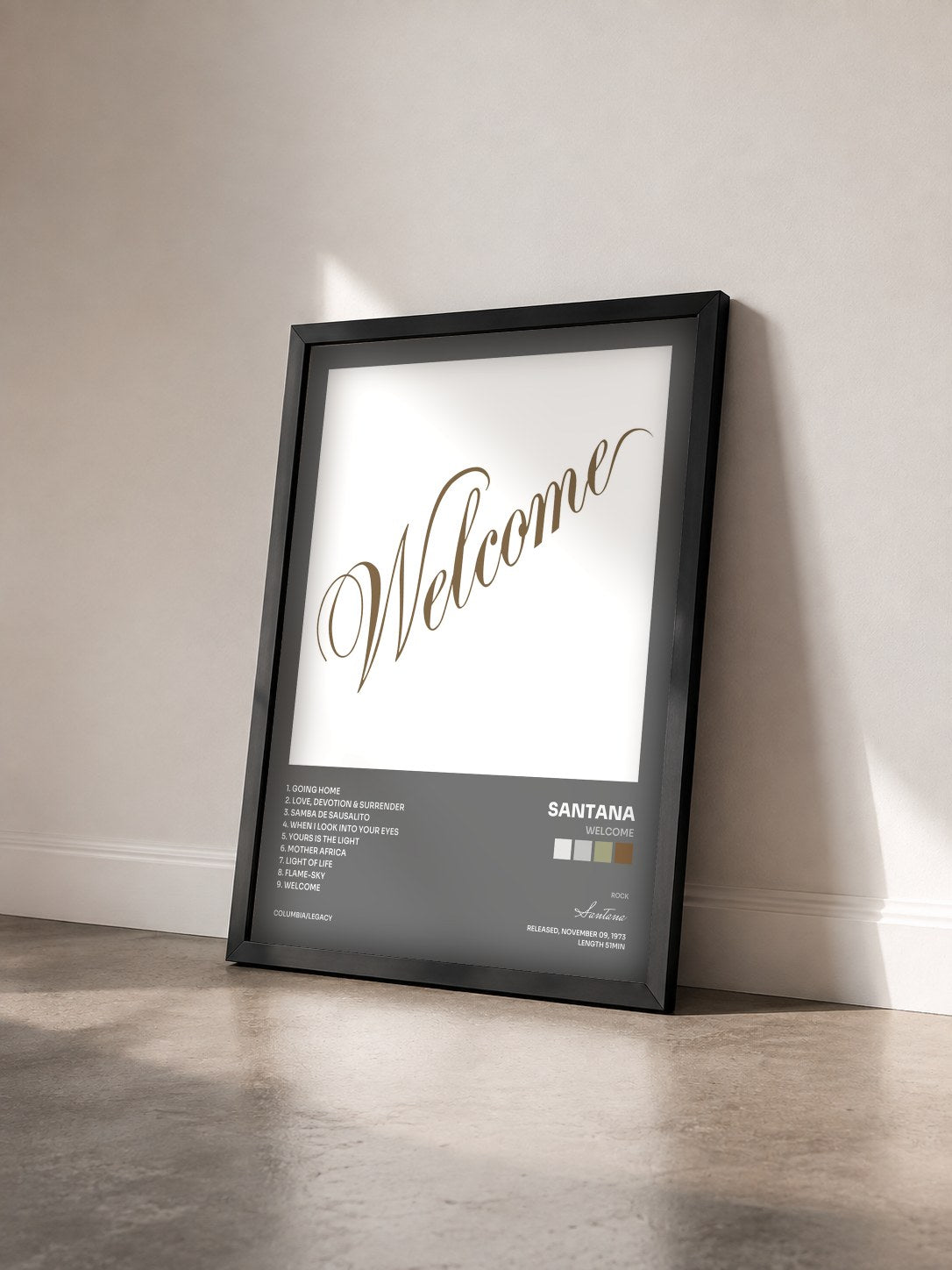 #noir Welcome by Santana as a framed art print seen at an angle, black frame