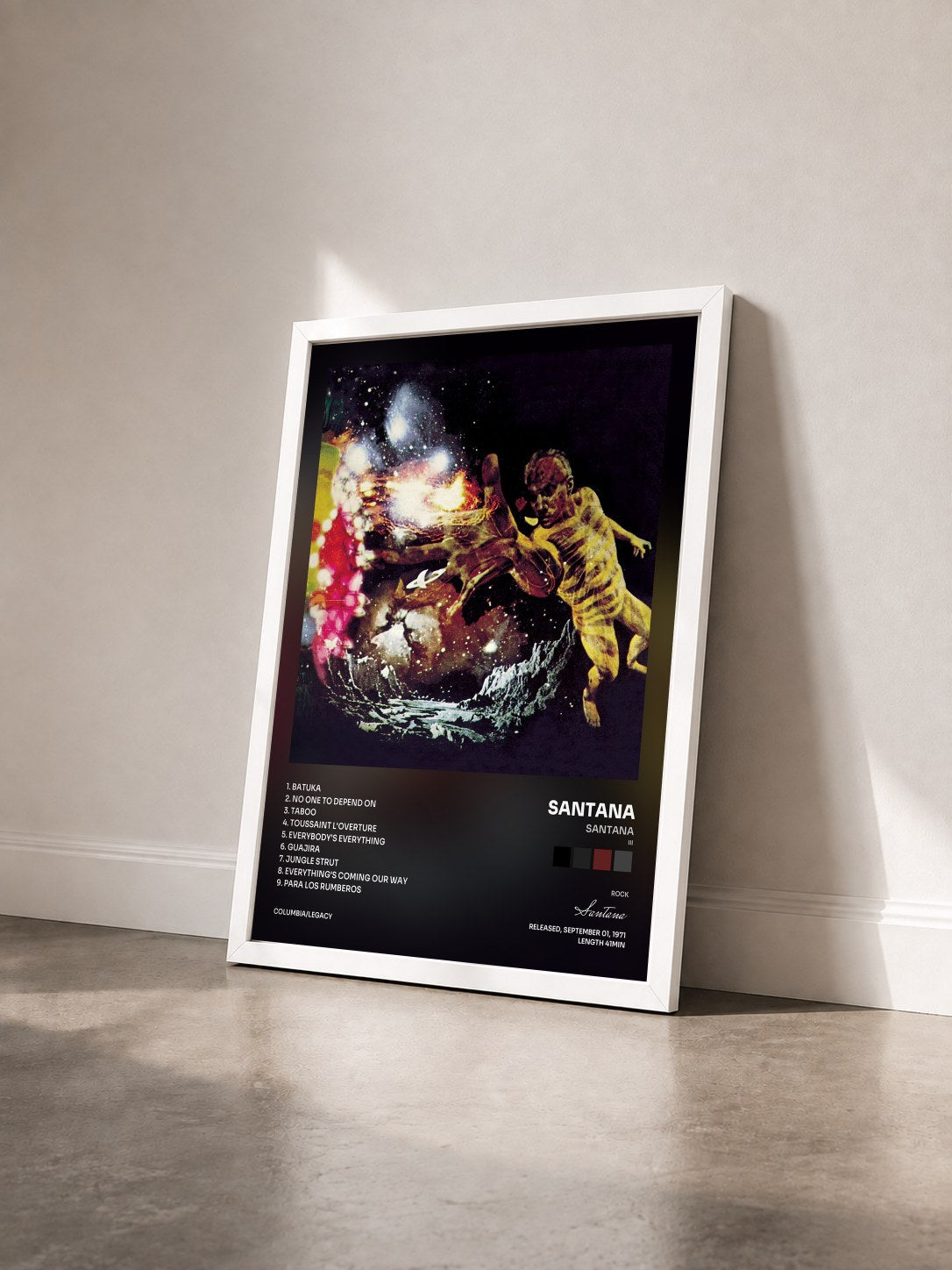 #blanc Santana (III) by Santana as a framed art print seen at an angle, white frame